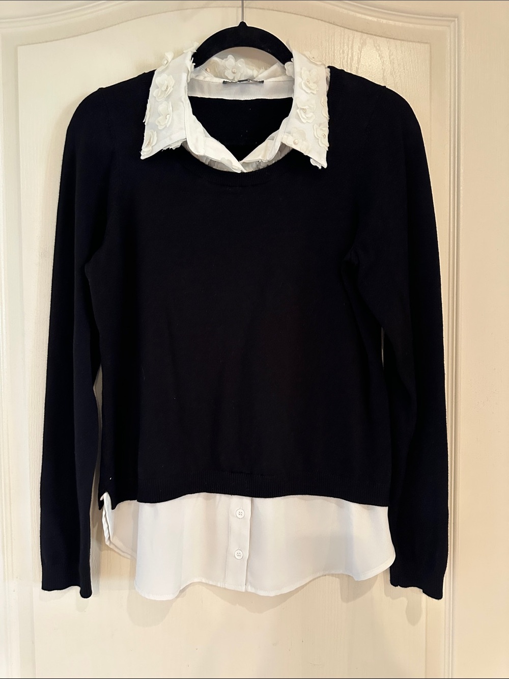 Adrianna Papell Black Sweater with White Floral-Appliqué Shirt Collar